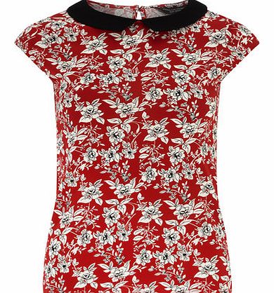 Dorothy Perkins Womens Red floral collar top- Red DP56389026