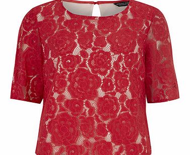 Dorothy Perkins Womens Red Rose Lace Short Sleeve Tee- Red