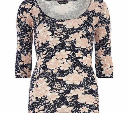 Dorothy Perkins Womens Rose Print 3/4 Scoop Top- Navy DP56387283