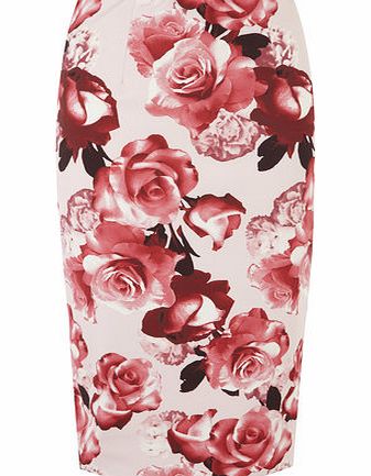 Dorothy Perkins Womens Rose Print Pink and Red Pencil Skirt- Red