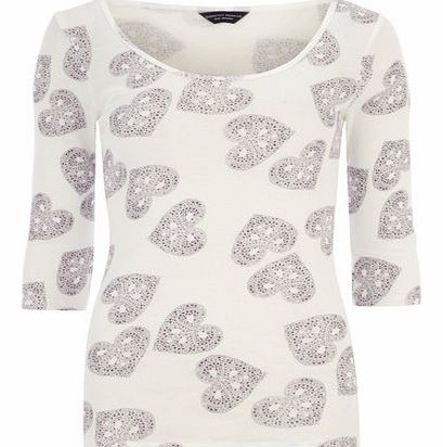 Dorothy Perkins Womens Spot heart 3/4 sleeve scoop top- Ivory