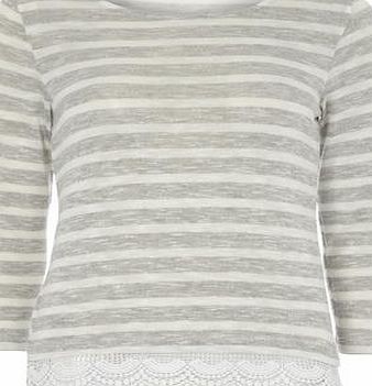 Dorothy Perkins Womens Stripe Lace Hem Jersey Knit Top- Grey