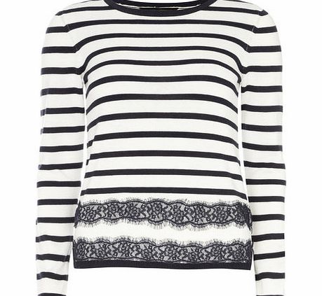 Dorothy Perkins Womens Stripe Lace Hem Jumper- White DP55301822