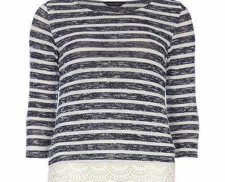 Dorothy Perkins Womens Striped Lace Hem Jersey Knit- Blue