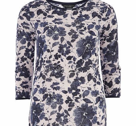 Womens Tall Navy Floral Bling Top- White