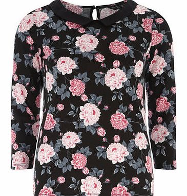 Dorothy Perkins Womens Tall Peony Print Collar Top- Black