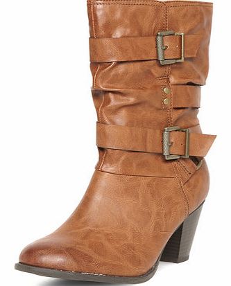 Womens Tan mid height strappy boots- Tan