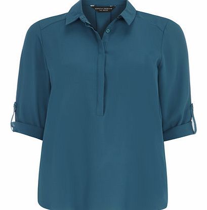 Dorothy Perkins Womens Teal Half Placket Rollsleeve Shirt- Blue