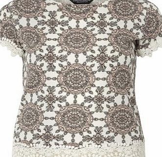 Dorothy Perkins Womens Tile Print Lace Trim Tee- Ivory DP56437382