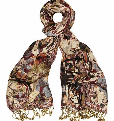 Womens Trailing Floral Jacquard Scarf- Brown
