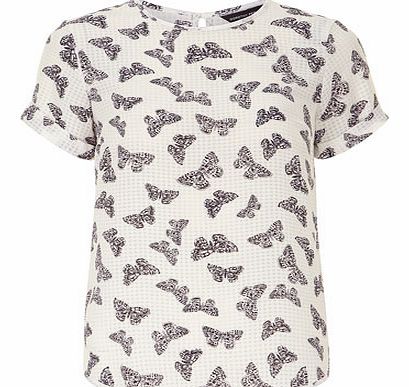 Womens White Butterfly Textured Tee- White
