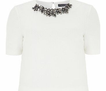 Womens White Embellished Neck Tee- White