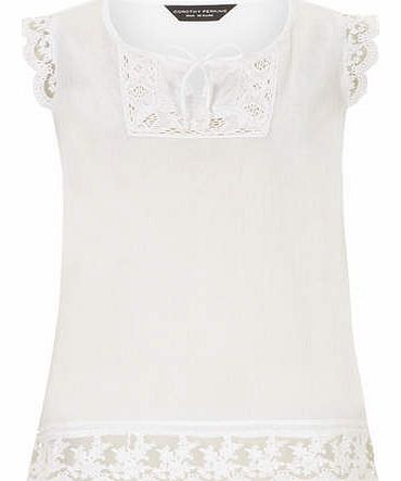 Womens White lace trim shell top- White DP67178202