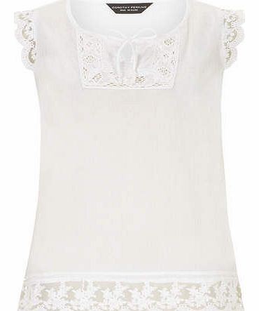 Womens White lace trim shell top- White DP67178202
