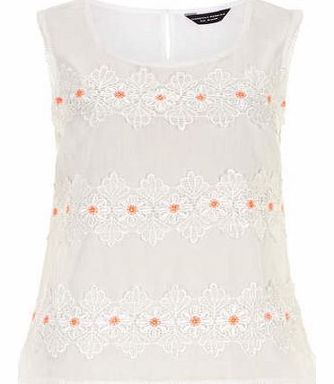Womens White Neon Embroidered Shell Top- White