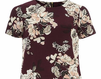 Dorothy Perkins Womens Wine Floral Curve Hem Tee- Red DP05474020