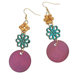 Wood Flower Disc Drop Earrings