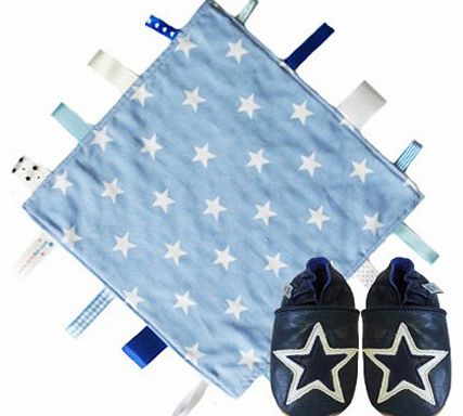 Dotty Fish Blue star Tag security Blanket comforter & navy and white stars soft leather BaBy shoe gift set.