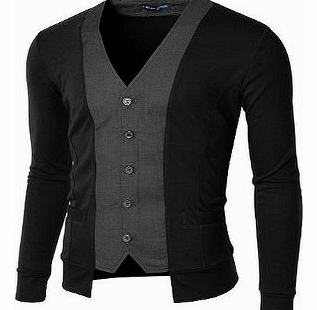 Doublju Mens Casual Stylish 2 Tone Slim Cardigan BLACK(W03C)
