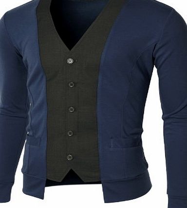 Doublju Mens Casual Stylish 2 Tone Slim Cardigan BLUE(W03C) Large / EU Medium