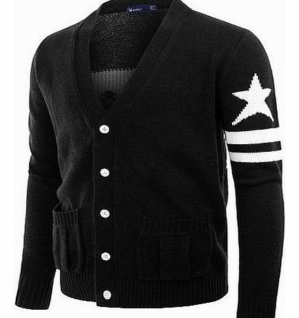 Doublju Mens V-neck Sweater Cardigan with star-stripe on the sleeve