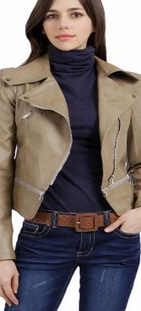 Doublju Womens Zipper Point Simple Faux Leather Jacket BEIGE M