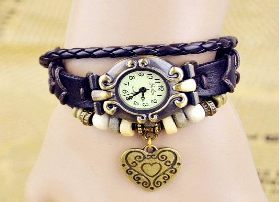 DP 5 Colors Available Women Vintage Bracelet Watch with Big Heart Pendant Genuine Cow Leather Quartz Wristwatches High Quality for Girls Gift (Brown)