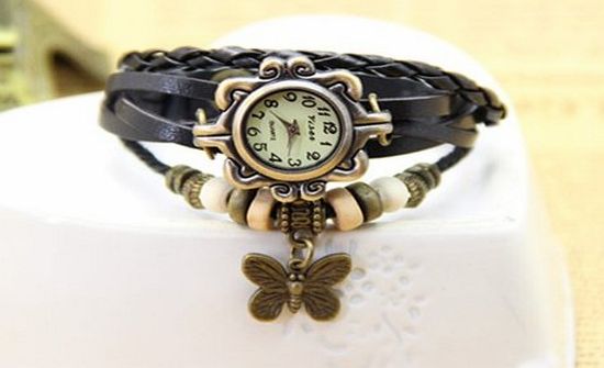 6 Colors Available Women Vintage Bracelet Watch with Butterfly Pendant Genuine Cow Leather Quartz Wristwatches (Black)