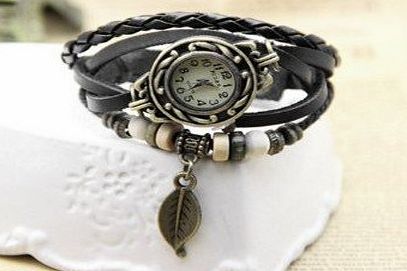 DP 6 Colors Available Women Vintage Bracelet Watch with Leaf Pendant Genuine Cow Leather Quartz Wristwatches (Black)
