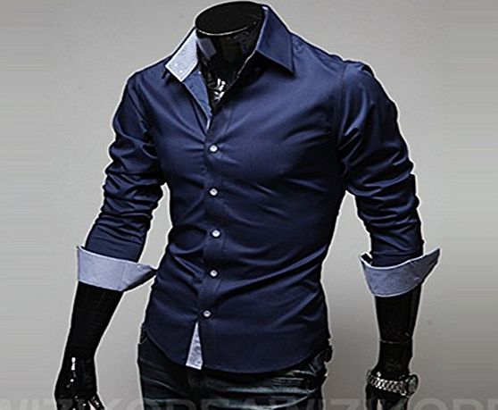 DragonPad  Mens Classic Slim Fit Long Sleeve Dress Shirts Navy Blue L