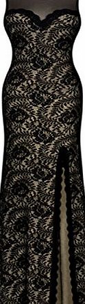 DragonPad  Scoop Neck Sleeveless Lace Net Yarn stitching Halter Split Side Evening Formal Dress Black Size S