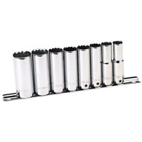 Draper 10 Piece 3/8andquot Square Drive Hi Torq Bi Hexagon Deep Sockets On Rail