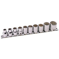 Draper 10 Piece 3/8andquot Square Drive Hi Torq Bi Hexagon Sockets On Rail