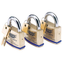 Draper 3 X 40mm Keyed Alike Solid Brass Padlocks With Hardened Steel Shackle