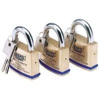 Draper 3 X 63mm Keyed Alike Solid Brass Padlocks With Hardened Steel Shackle