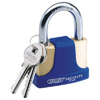 Draper 52mm Solid Brass Padlock and 2 Keys With Hardened Steel Shackle and Bumper