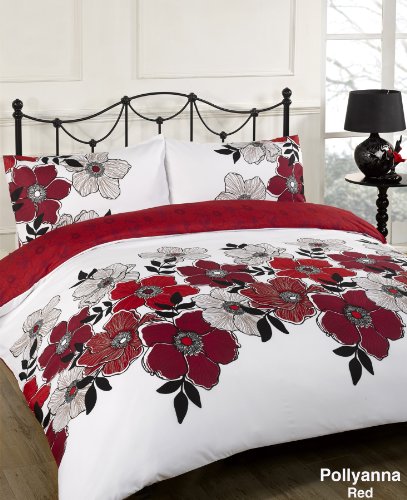 Pollyanna Red Floral White Reversible King Size Duvet Quilt Cover Bedding Set