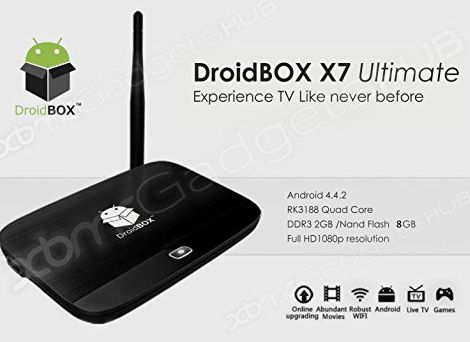 DroidBOX X7 Ultimate Android TV BOX with Remote - Quad Core Android 4.4.2 MINI PC - Free Movies, TV and SPORTS, fully Loaded Gotham 13.3.2 XBMC, AirPlay UPnP DLNA IPTV Mini Web Streaming HTPC Player,