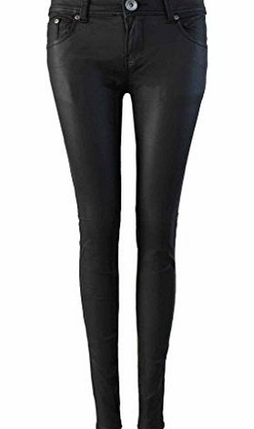 NEW LADIES BLACK PU JEANS LEATHER LOOK SKINNY STRETCH FIT TROUSERS PANTS