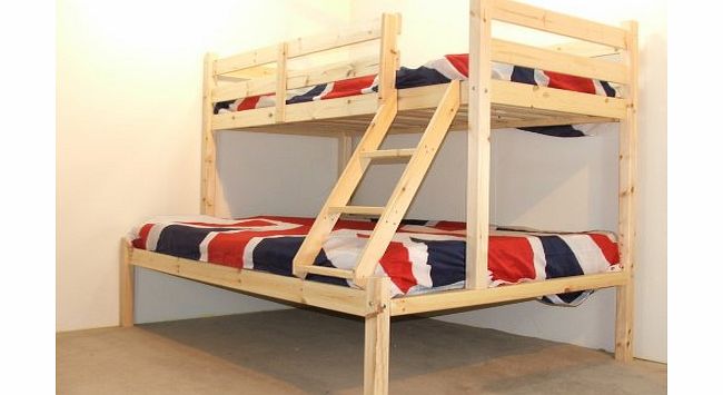 Pine Triple sleeper bunk bed - 4ft small double Three sleeper bunkbed - Can be used by Adults - INCLUDES TWO 15cm thick sprung mattresses