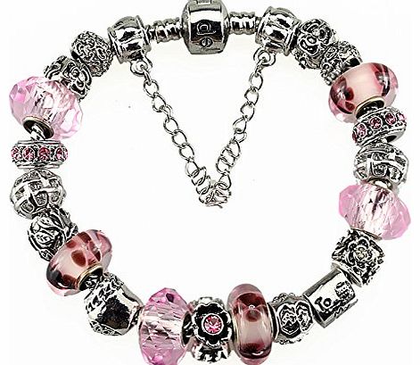 Duchy Platinum Plated Murano Glass Charm Bracelets with Charms for Women Pink Flower Cutting Face Cubic Zirconia Compitable with Pandora Chamilia Troll Biagi 18cm in Organza Gift Bag and Gift Box Idea