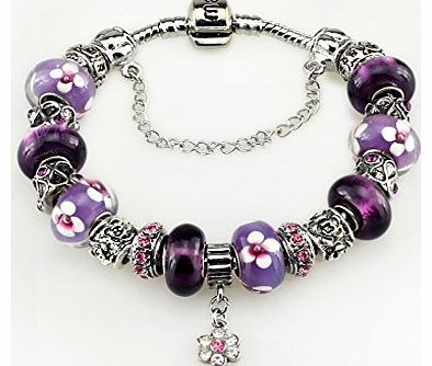 Duchy Platinum Plated Murano Glass Charm Bracelets with Charms for Women Violet Lucky Clover Flower Compit