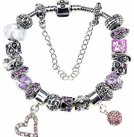 Duchy Platinum Plated Murano Glass European Charm Bracelets with Charms Pink Diamond Heart and Ball Pandora Style February Birthstone Amethyst Zodiac Twelve Constellations Pisces 20cm for women in org
