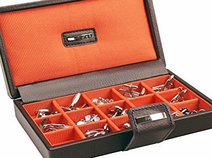 Dulwich Designs Dulwich Brown Leather with Orange Lining 15 Piece Cufflinks Box