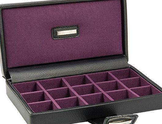 Park Lane Classic Genuine Leather 15 section Cufflink Box, Executive Black with Purple Grosgrain Lining