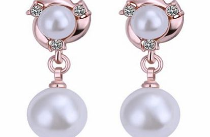 DUMAN 18ct Gold Plated White Pearl Dangle Earrings Fashion jewellery, nickel free, plating platinum, Rhinestone