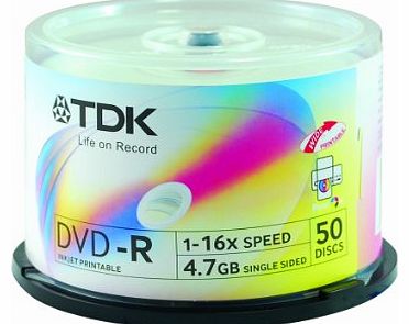 DVD-R 4.7GB Printable Tub of 50 RiTEK F1 - TDK DVD-R 4.7GB 16X Inkjet Printable White Top Full Face spindle 50 pack (EAN 4902030323776)