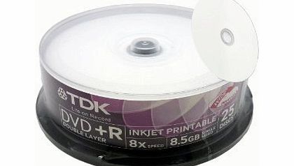 DVD R 8.5GB DL Printable Tub of 25 TDK DVD R Doube-Layer DL 8.5GB Inkjet Printable Full Face White Top 25 pack spindle cake tub (Ritek S04-66)
