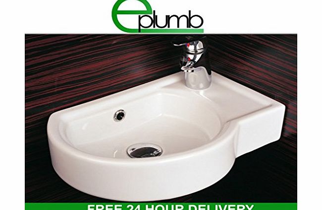 E-PLUMB Remi Small Compact Cloakroom Basin Bathroom Sink Offset Round Square Corner Right Hand Wall Hung 430 X 300