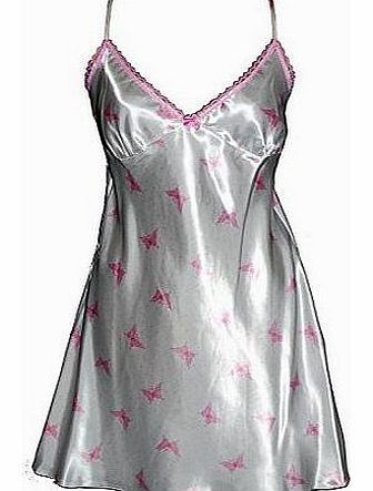 Ladies Short Satin Butterfly Design Chemise Nightdress. Ivory Background With Pink Butterfly Print. Sizes 8-10 12-14 16-18 20-22 (16-18)